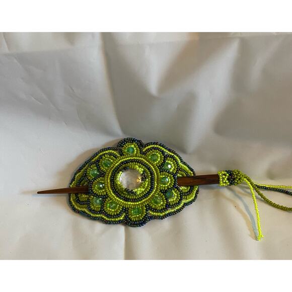 Handmade Beaded Ponytail Hair Accessory Green/Multi Tone Ponytail Beaded BoHo - Picture 1 of 6